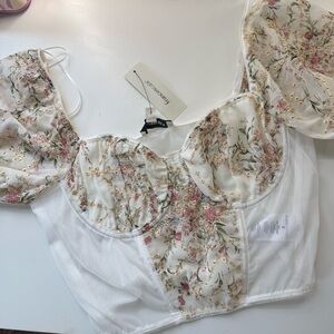 Francesca's White Floral Crop Top with Puff Sleeves